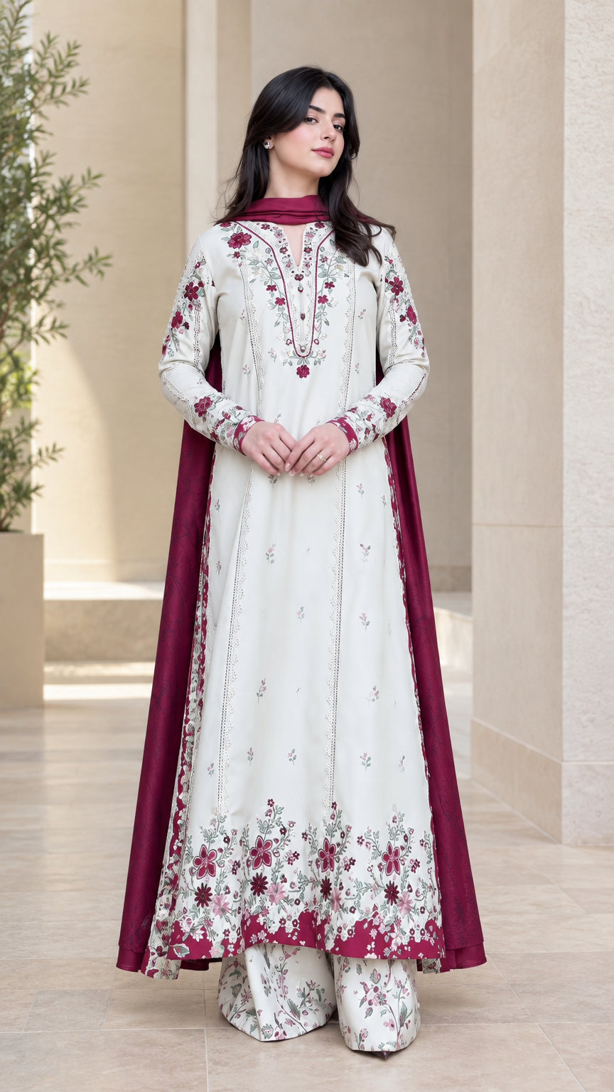 Front full view of women's off-white floral embroidered 3-piece kurta palazzo suit set with maroon dupatta