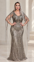 Front view of grey beaded mermaid evening gown with sheer cape sleeves