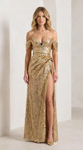 Front view of model wearing gold off-shoulder sequin evening gown