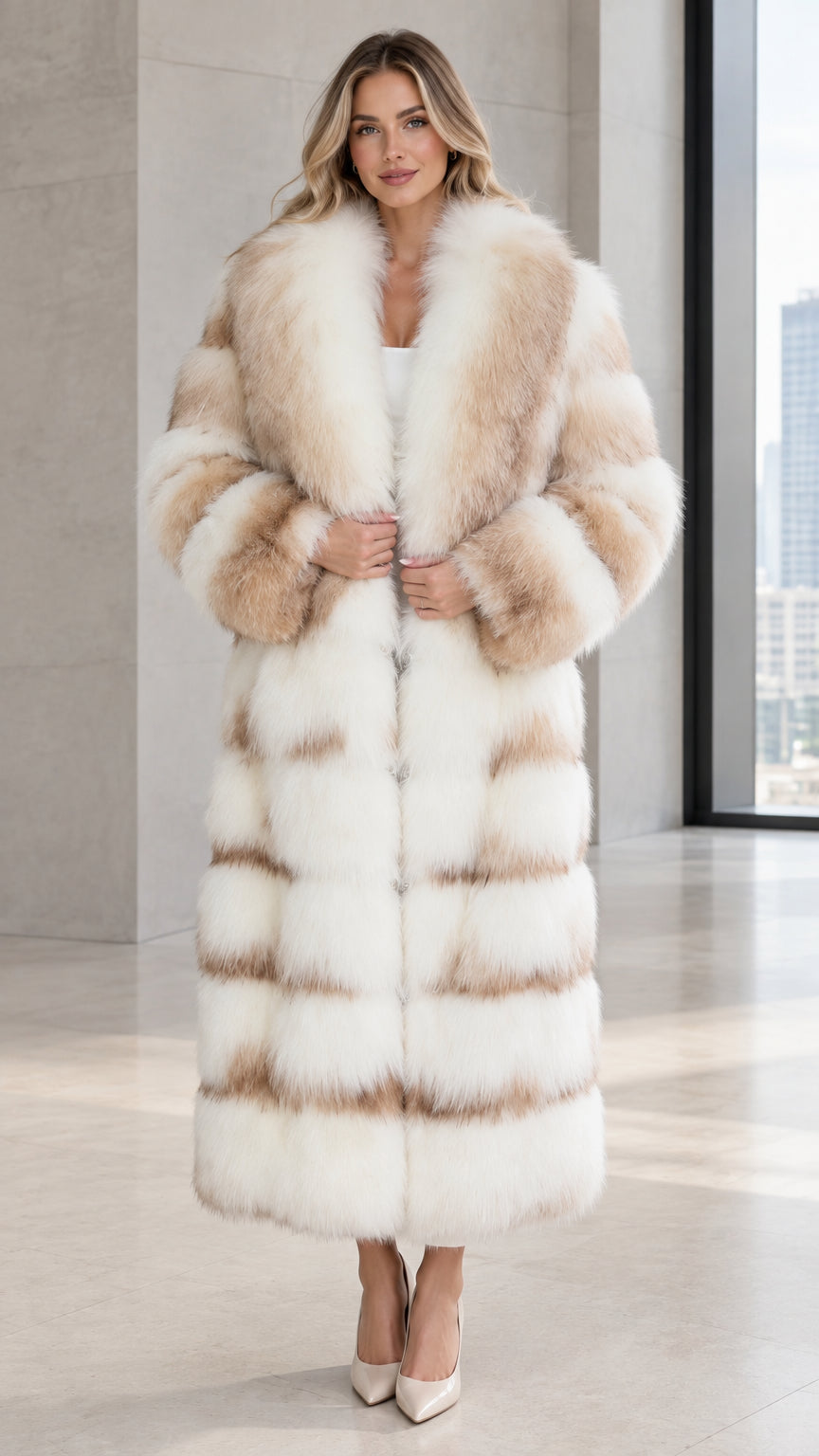 Front view of woman wearing cream and beige striped maxi faux fur coat with shawl collar