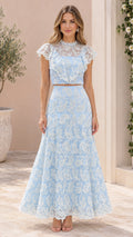 Light blue two-piece lace crop top and maxi skirt set front view