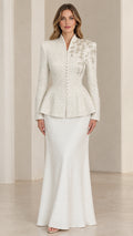 Ivory embellished tweed peplum jacket and maxi skirt formal set front view