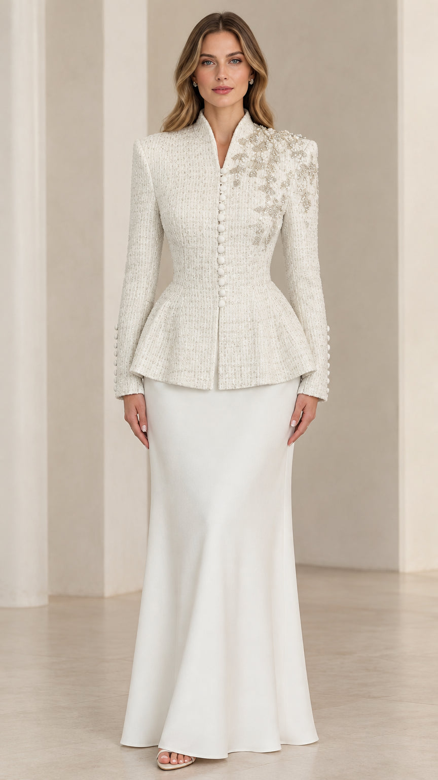 Ivory embellished tweed peplum jacket and maxi skirt formal set front view