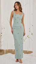 Elegance Embellished Two-Piece Maxi Dress Set in Sage Green front view