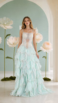 Mint green beaded corset evening gown with tiered ruffle skirt front view