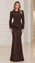 Front full view of chocolate brown sequined long sleeve peplum evening gown