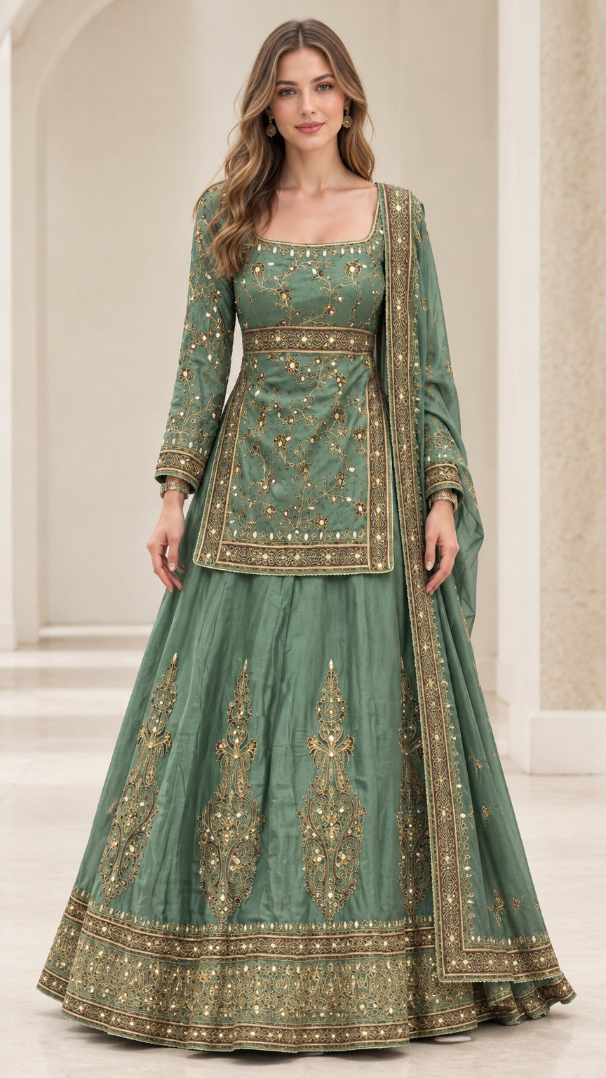 Sage green embroidered long sleeve kurti with flared lehenga skirt and dupatta