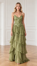 Front view of model wearing olive green floral embroidered tiered tulle maxi dress