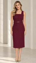 Front view of model wearing burgundy sleeveless square neck belted tweed midi sheath dress
