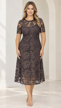 Front view of model wearing mocha brown floral lace short sleeve midi dress