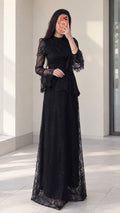 Black floral lace peplum maxi dress with beaded shoulder detail front view