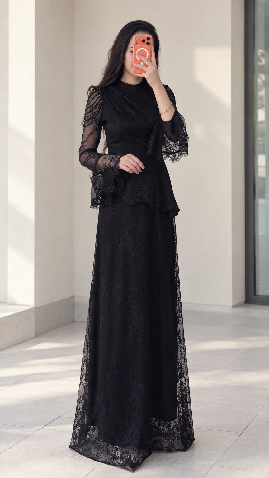 Black floral lace peplum maxi dress with beaded shoulder detail front view