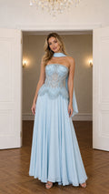 Sky blue strapless beaded corset evening gown with chiffon skirt and neck scarf - front view