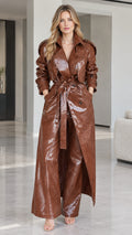 Front full-length view of woman wearing Cognac Brown croc-embossed faux leather maxi trench coat set