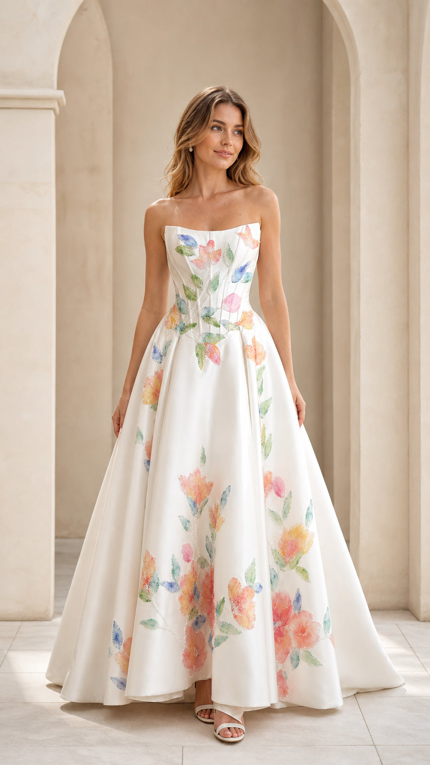 Strapless white satin ballgown with watercolor floral print and corset bodice front view