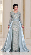 Ice blue long sleeve sequined evening gown with satin overskirt front view