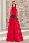 Front full-length view of the red cowl halter neck backless maxi dress