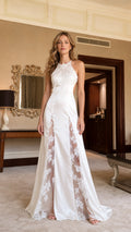 Front view of the white halter neck lace panel maxi dress
