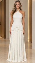 Front view of Ivory White pearl halter neck evening maxi dress