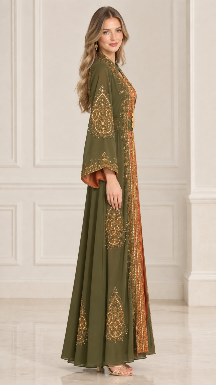 Olive green embroidered Moroccan kaftan dress side angle view
