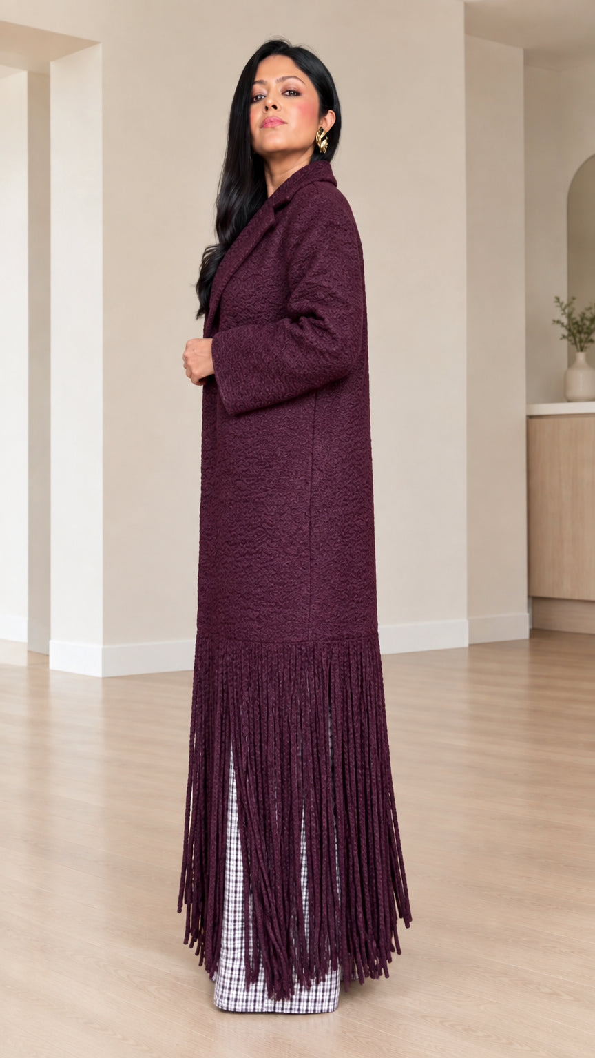 Side profile view of Deep Burgundy fringe hem maxi coat
