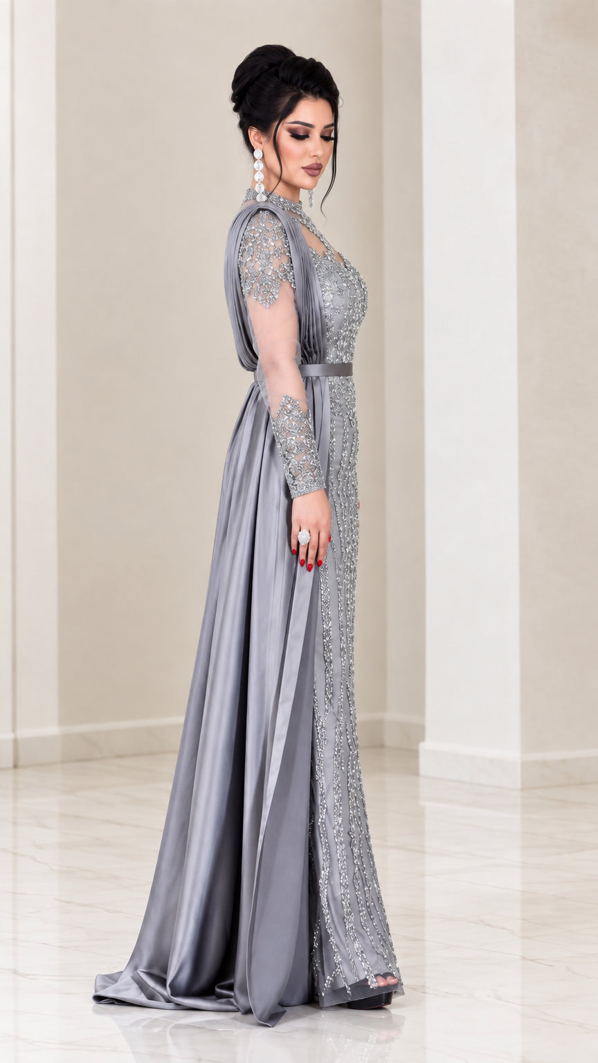 Silver Grey long sleeve formal dress side view showing sweeping satin drape