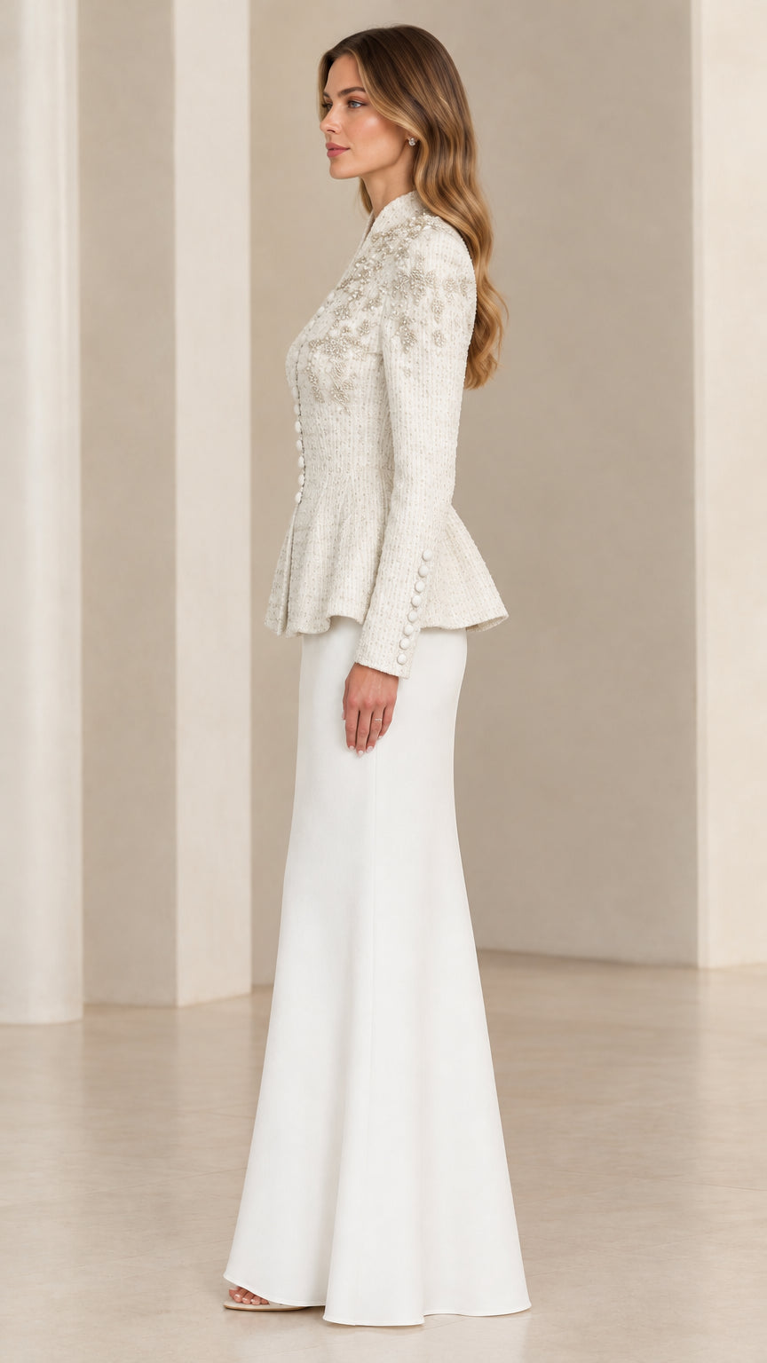 Ivory mother of the bride peplum skirt suit side view