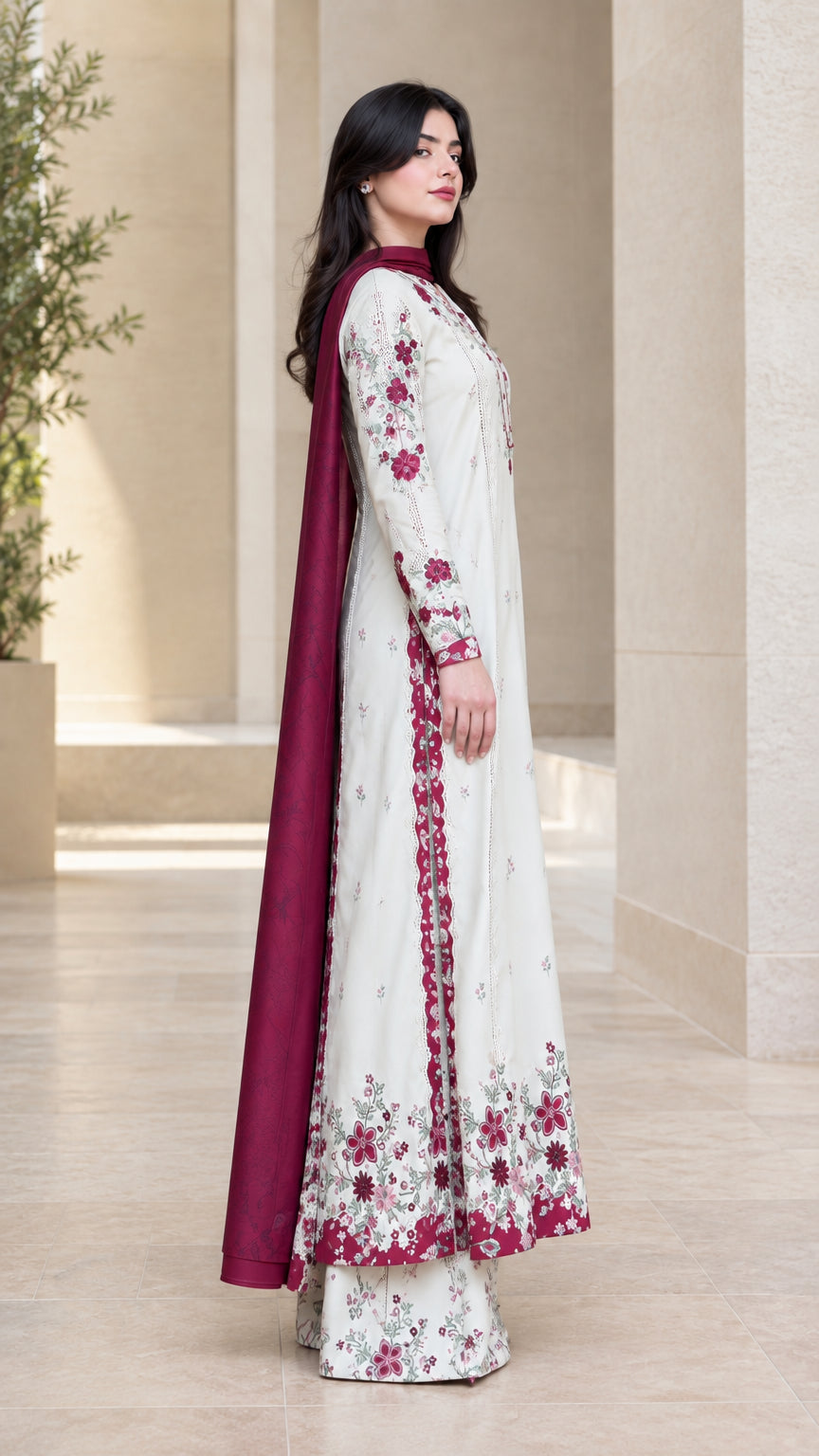 Side angle view of off-white embroidered long kurti with palazzo trousers and draped contrast dupatta