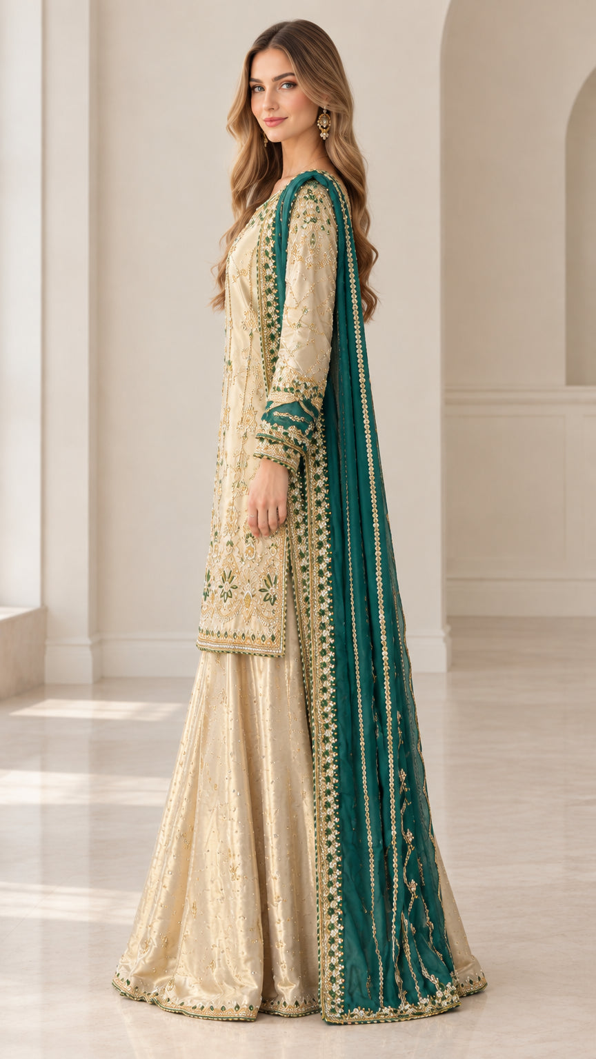 Side profile view of gold embroidered kurti and flared sharara pants set