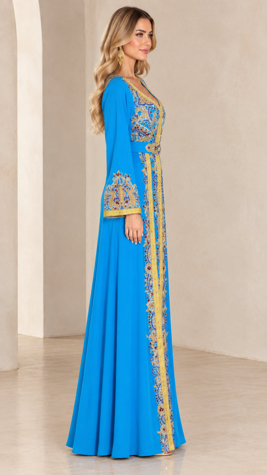Side profile view of sky blue Moroccan kaftan dress showing elegant drape and bell sleeve detailing