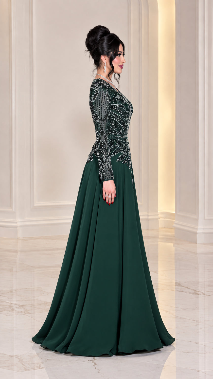 Emerald green beaded formal maxi dress side profile view