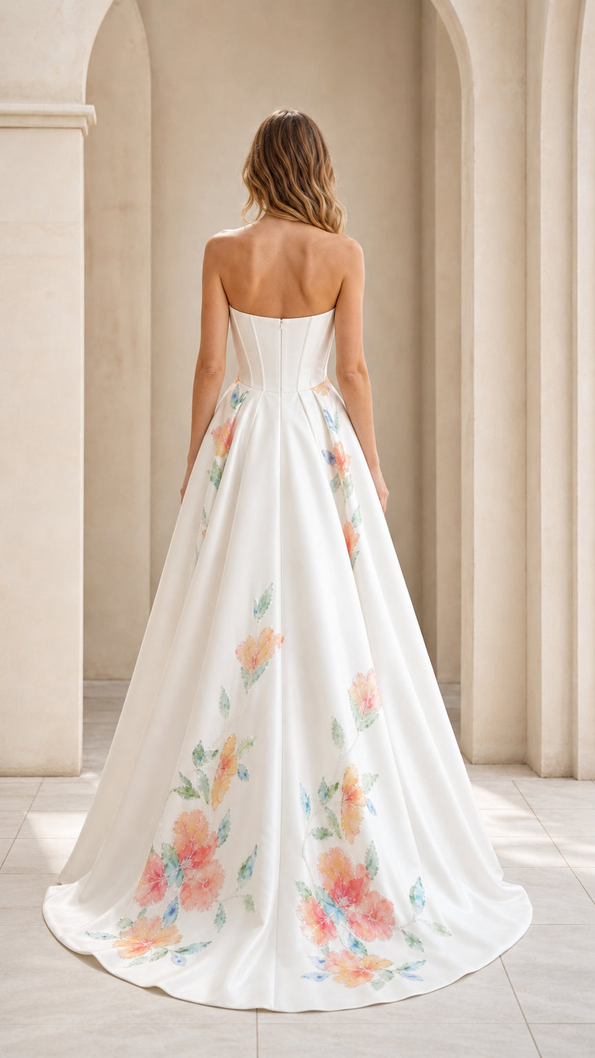 Back view of white strapless evening dress with sweeping train and floral accents