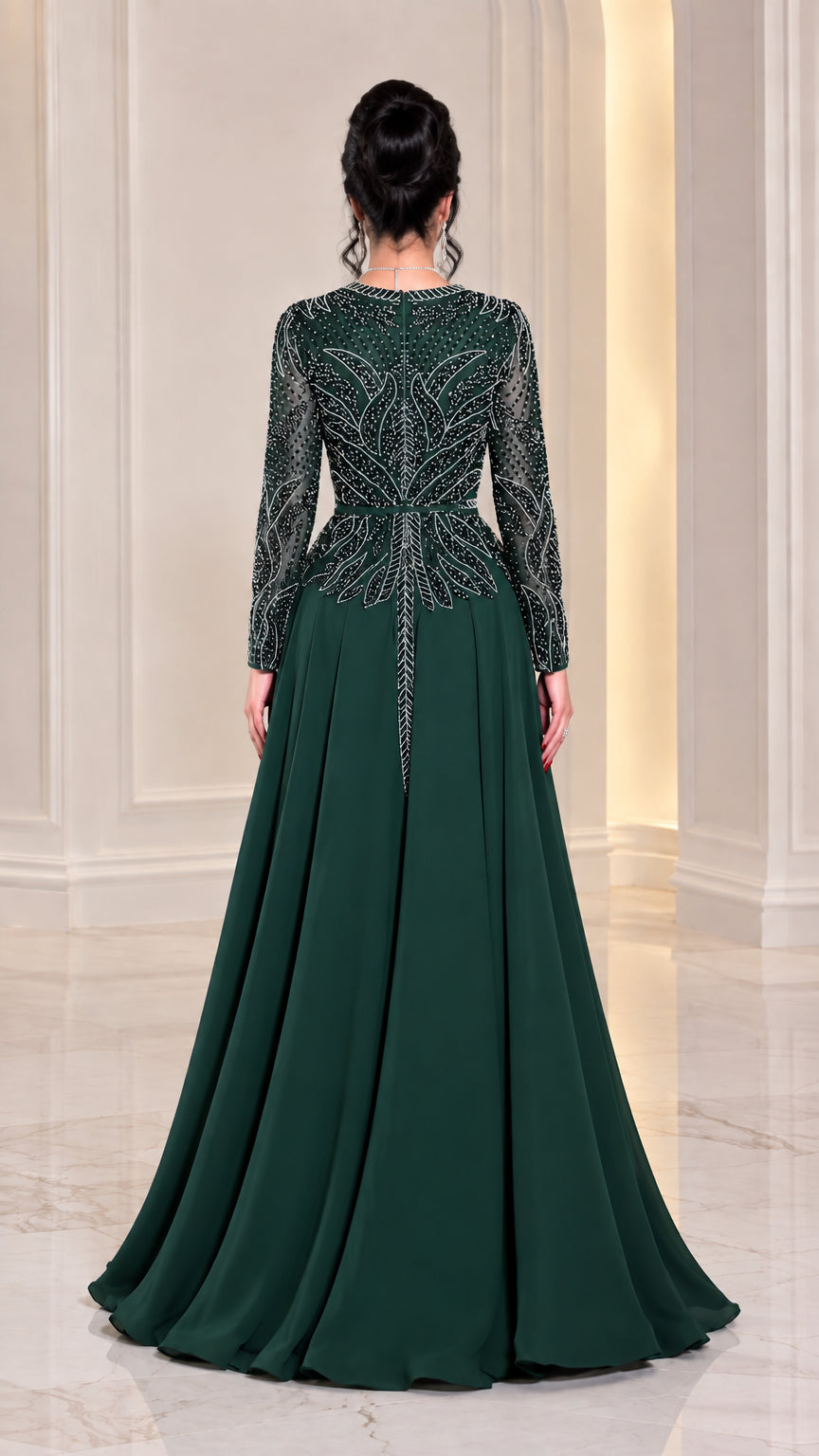 Emerald green floor-length evening dress back view