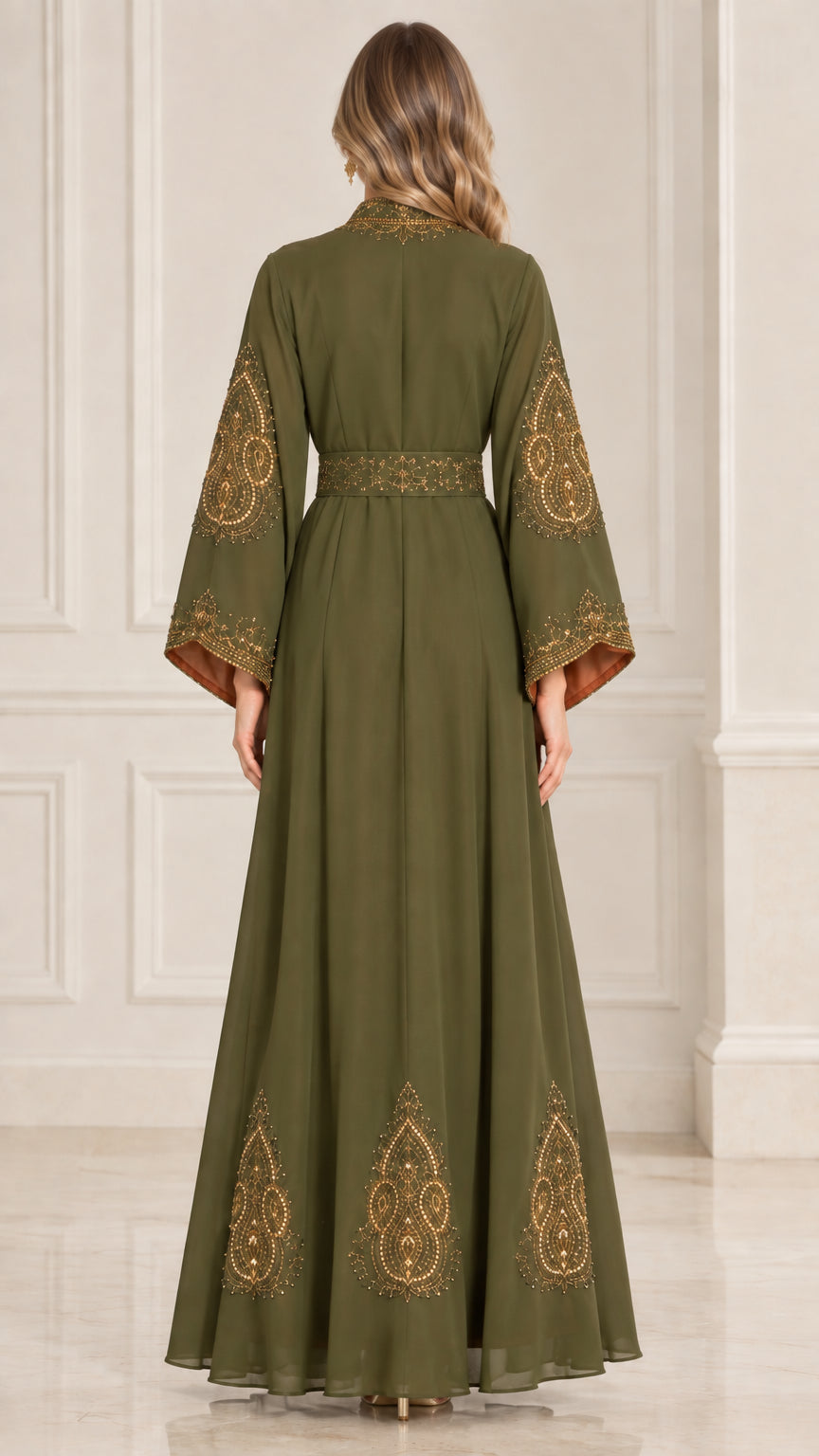 Olive green embroidered evening abaya gown back view