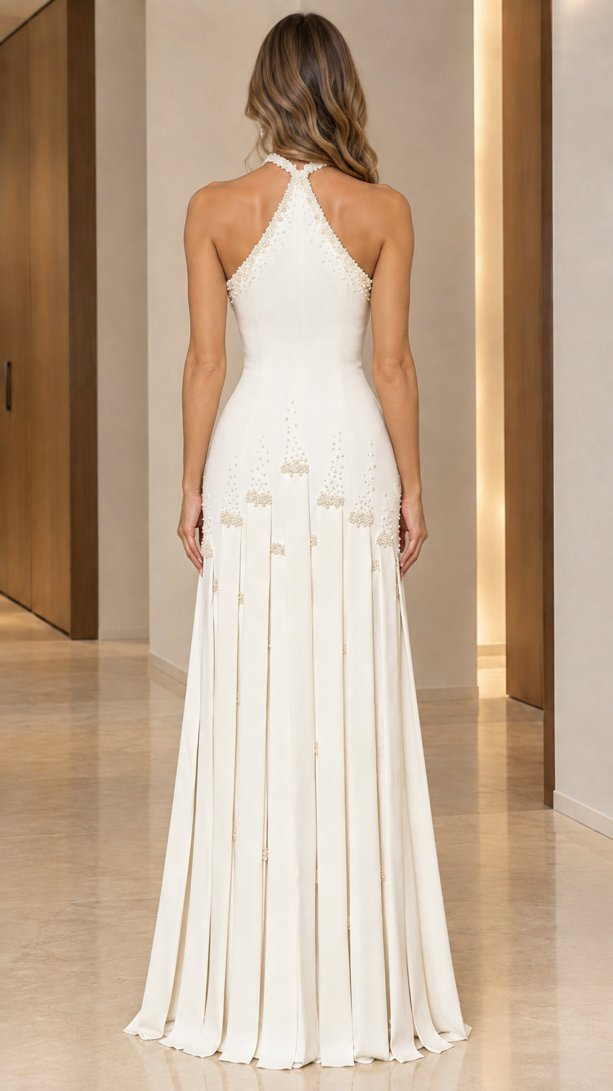 Back view of Ivory White halter evening dress showing open back detail
