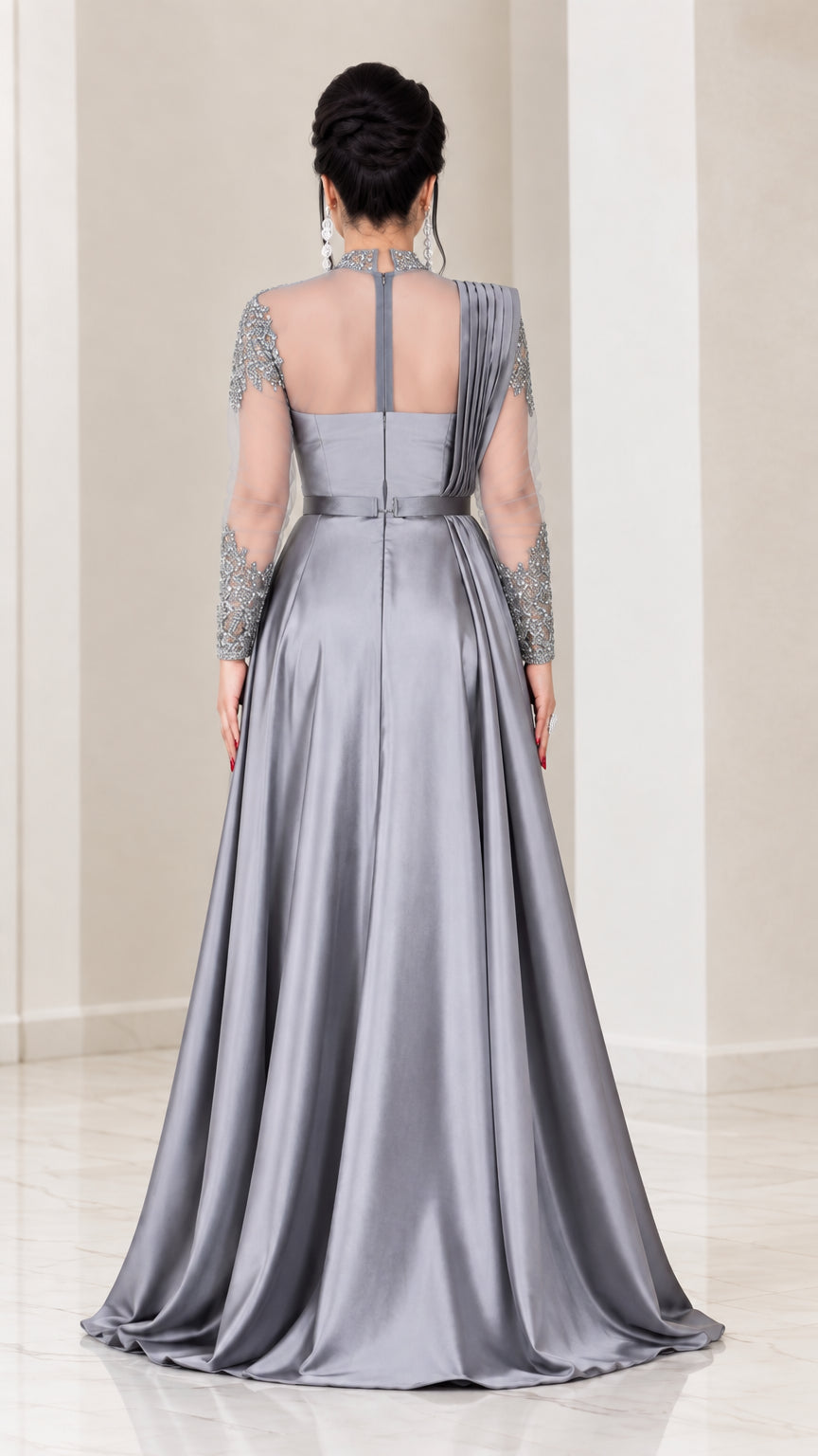 Silver Grey illusion back evening dress with back view of satin train