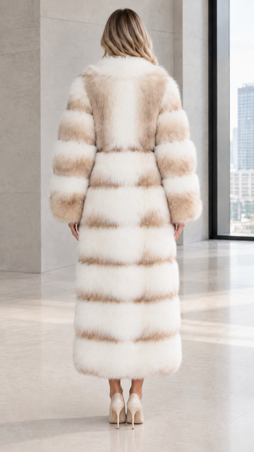 Back view of woman wearing maxi-length striped plush faux fur coat