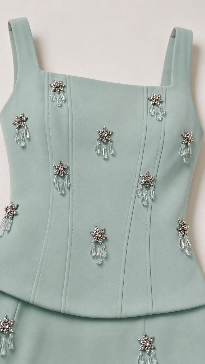 Close-up of beaded crystal appliqués on Sage Green bodice