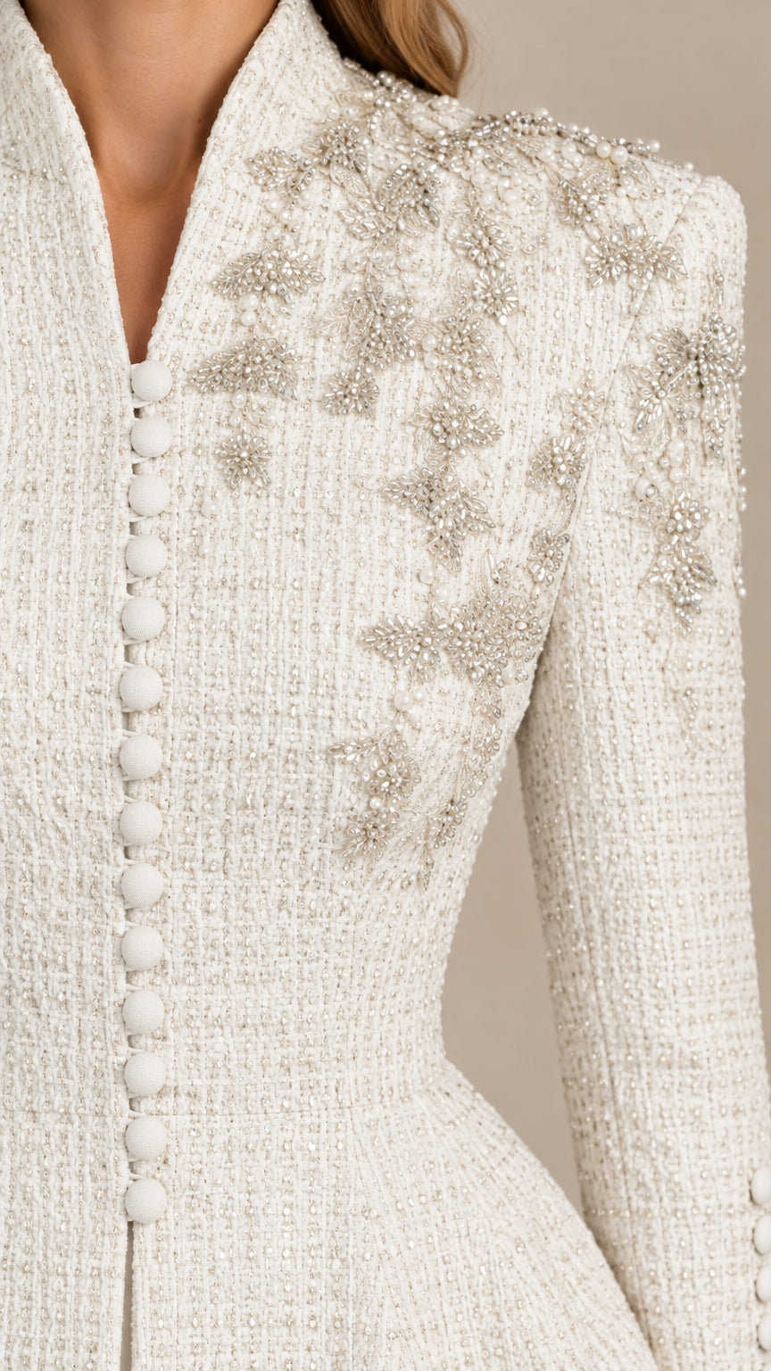 Close-up of intricate shoulder beadwork and fabric buttons on tweed peplum jacket