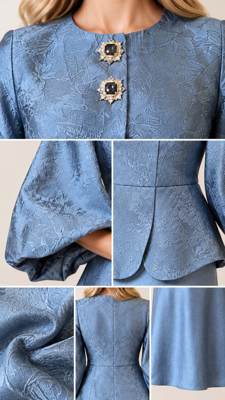 Close-up details of dusty blue jacquard fabric, jewel buttons, peplum hem, and lantern sleeve