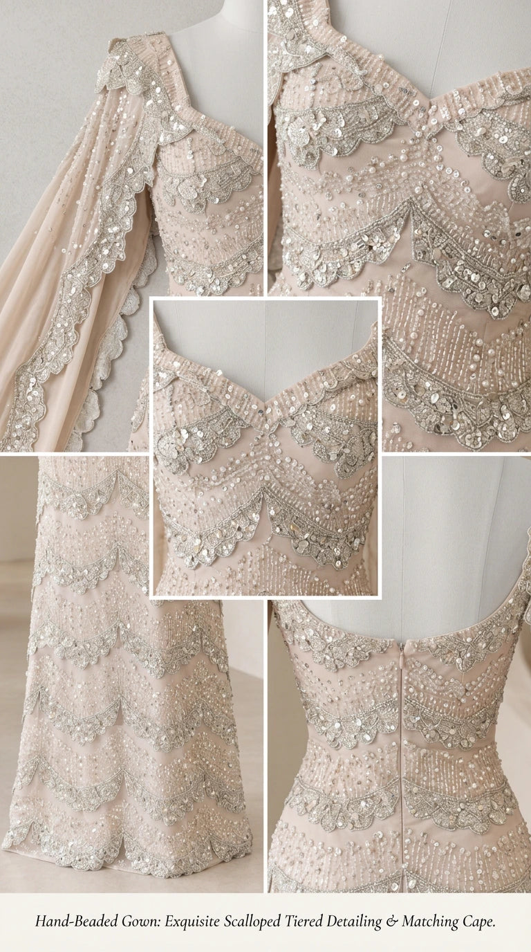Close-up details of scalloped beadwork, cape trim, neckline, and dress hem