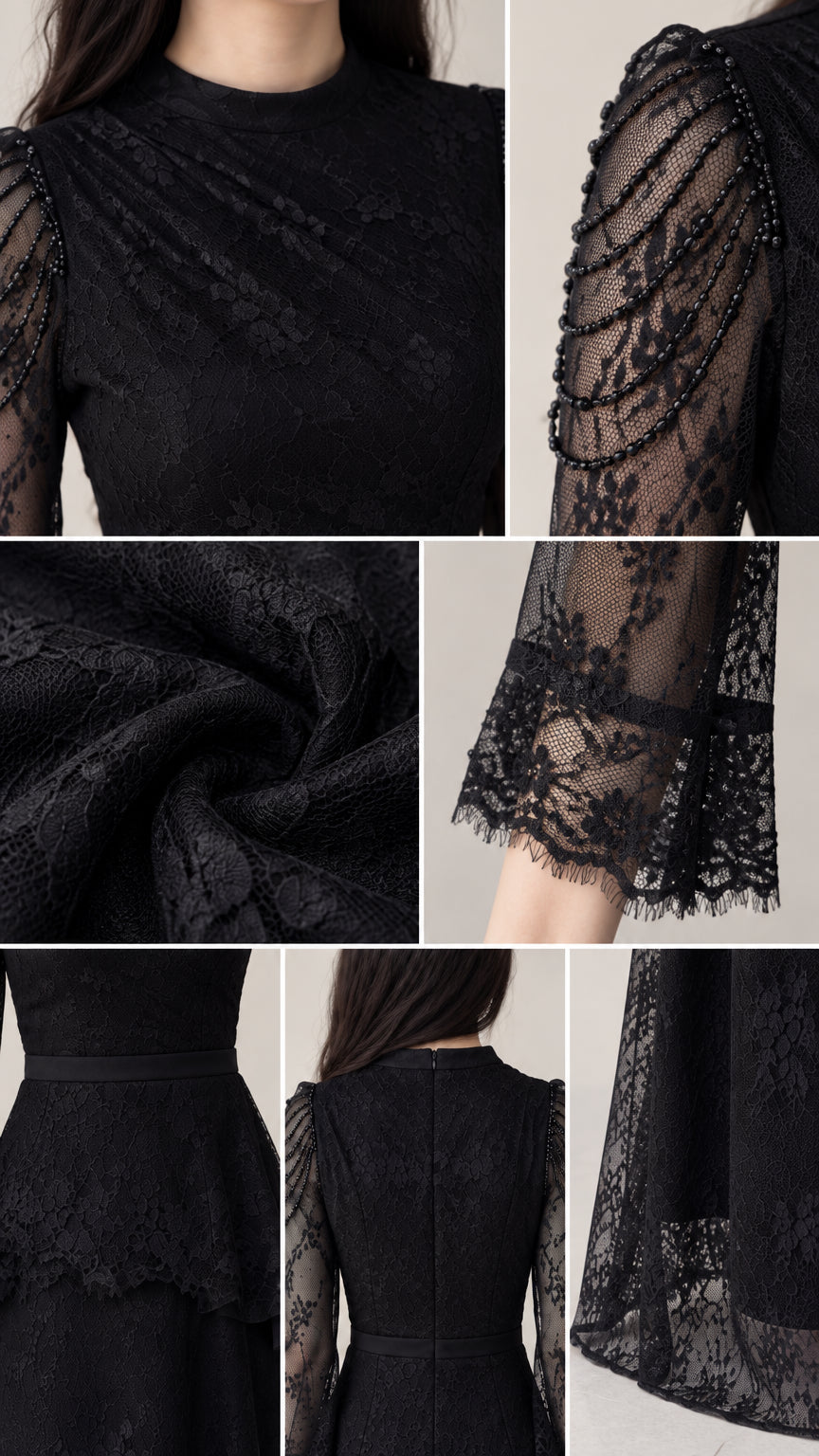 Detailed view of beaded shoulder drape, floral lace texture, and flared cuff