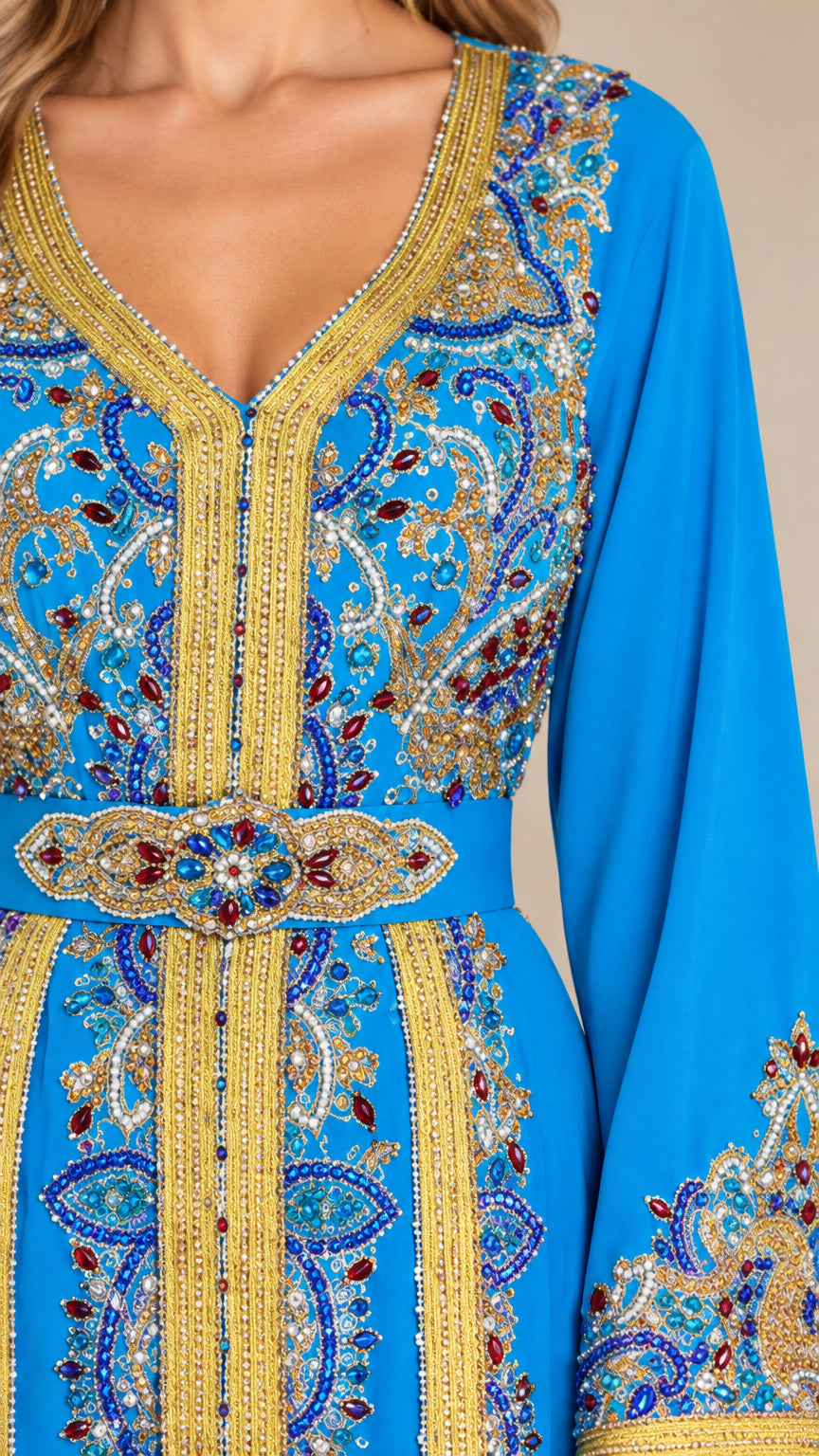 Close-up detail of V-neckline and jeweled waist embellishments with gold metallic stitching