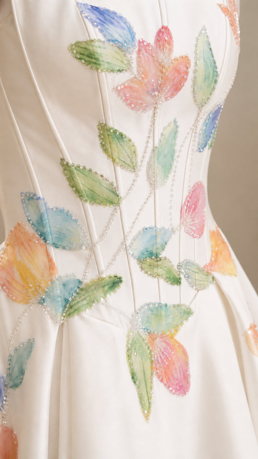 Close-up detail of beaded floral embroidery and boned corset bodice on white gown