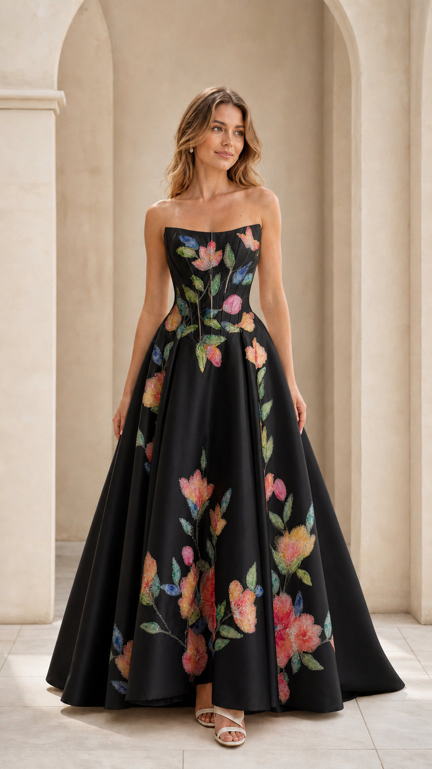 Black strapless corset ballgown with colorful watercolor floral embroidery