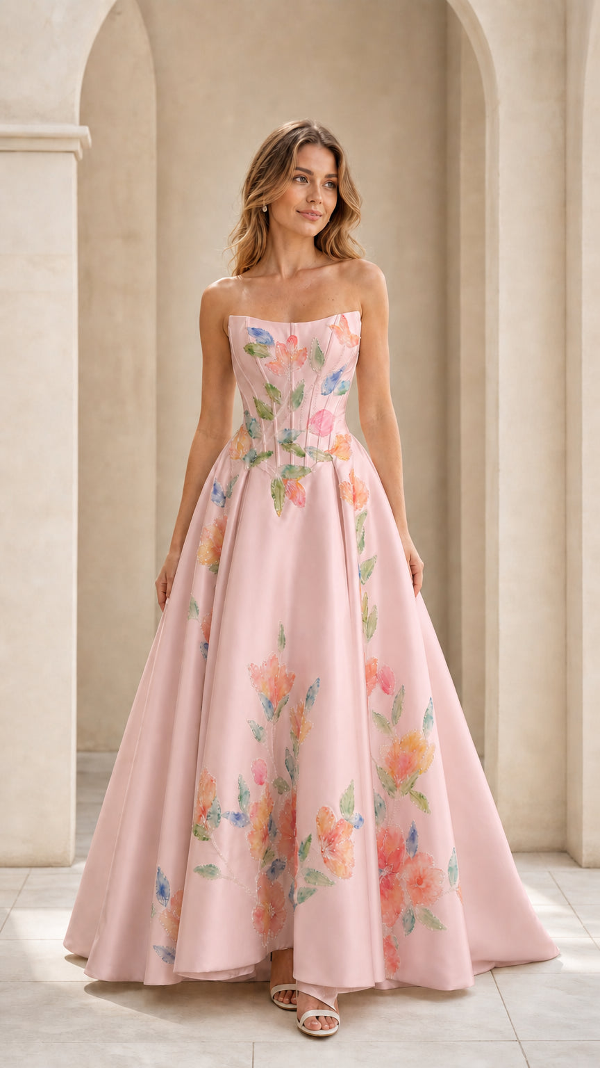 Blush pink strapless evening gown with delicate floral beadwork and corset top