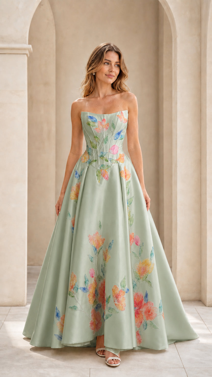 Sage green strapless formal gown with floral print and beaded corset
