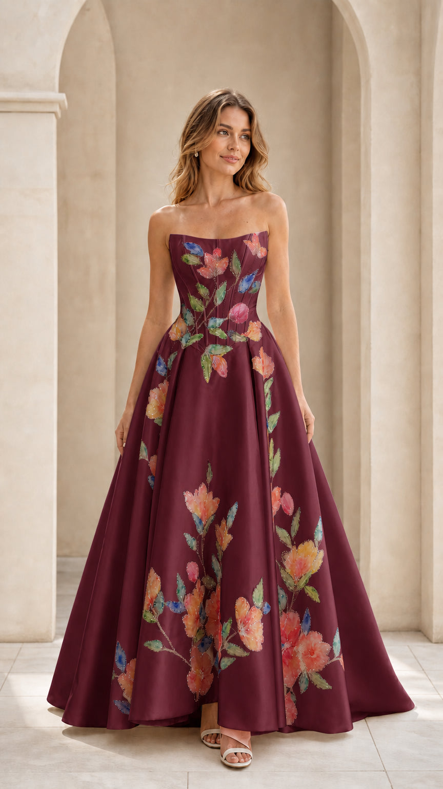 Burgundy wine strapless formal ballgown featuring floral embellishments