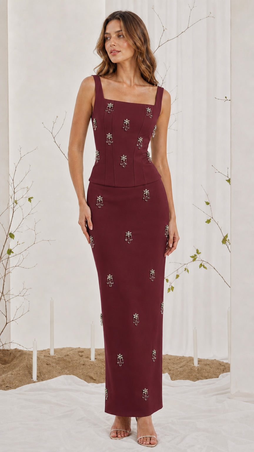 Elegance Embellished Two-Piece Maxi Dress Set in Burgundy front view
