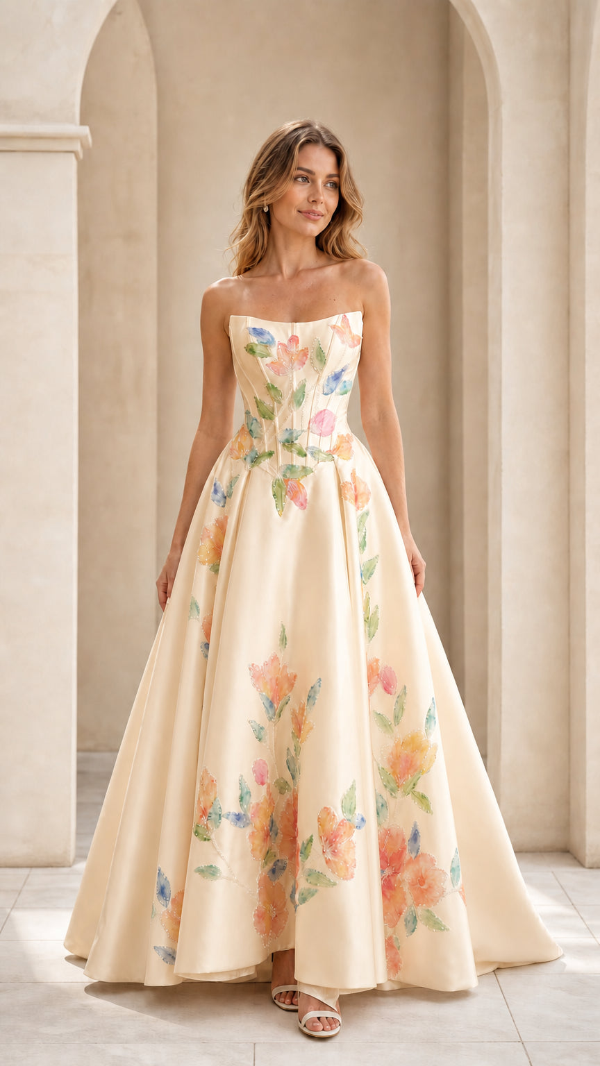 Champagne yellow strapless corset ballgown with beaded watercolor floral print
